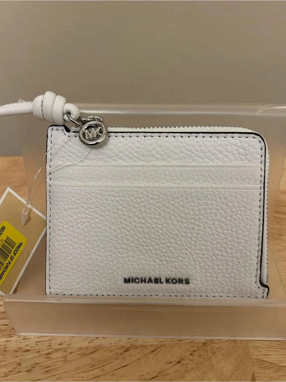 Michael Kors White Pebbled Leather Zip Card Case with MK Charm